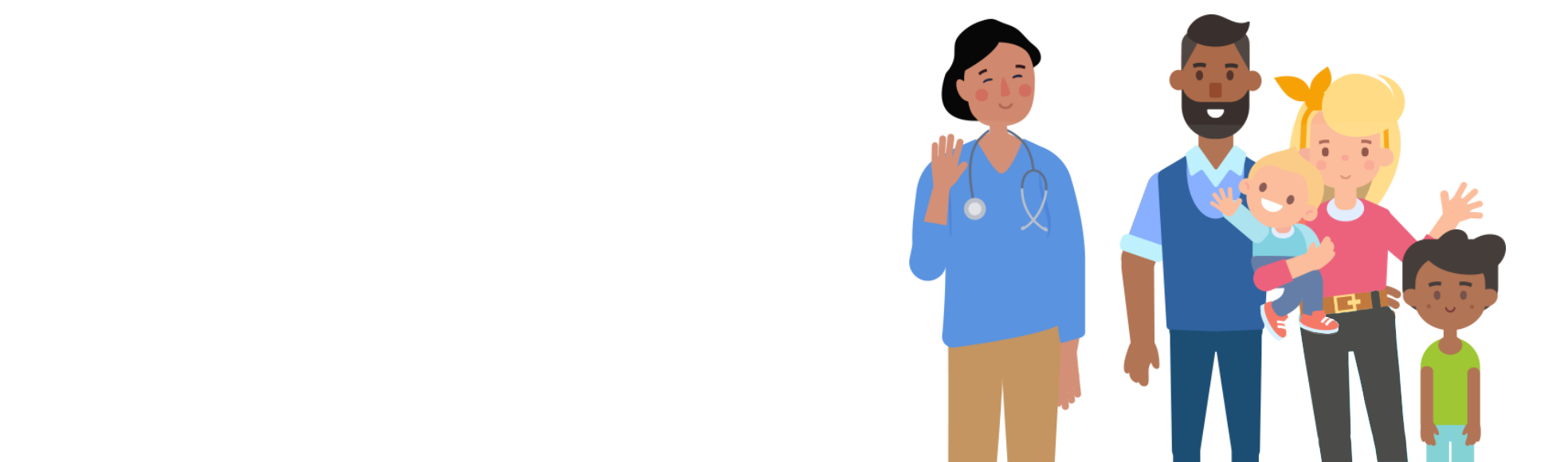 Illustration of a smiling family and a nurse