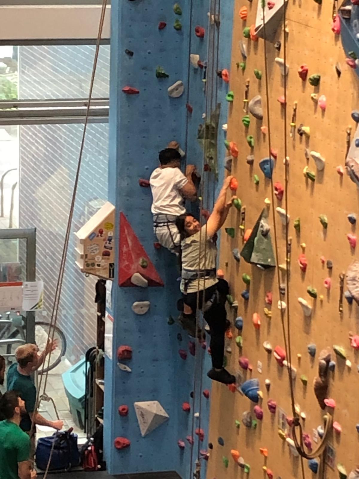 A and I on climbing wall
